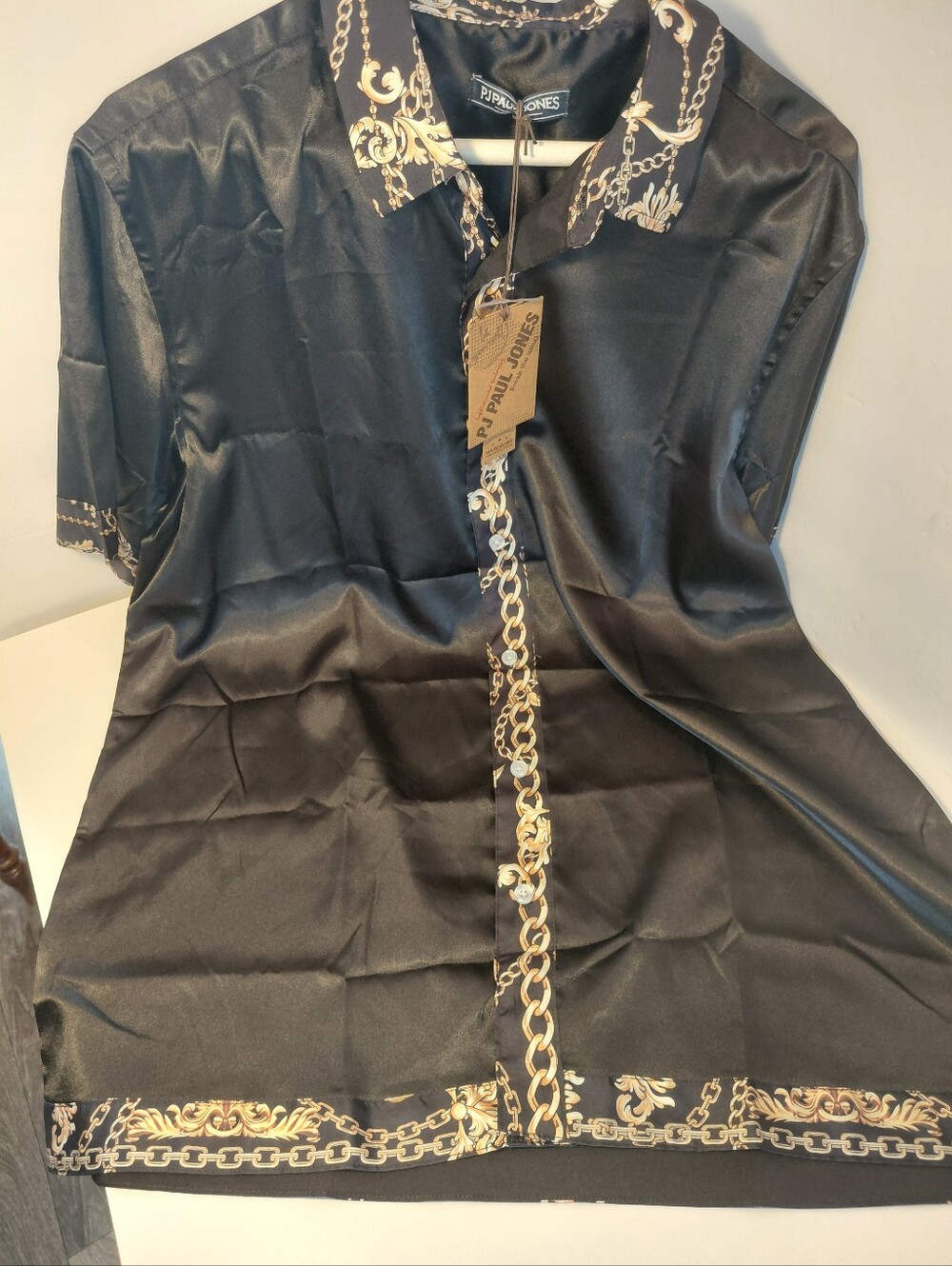 PJ Paul Jones Black Satin Button-Down Shirt with Gold Chain Print